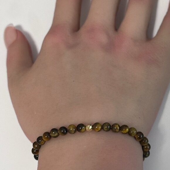 Natural Tiger's  Eye Gemstones Mini 4mm 18K Yellow Gold Faceted Bar Charm Bead - Picture 6 of 6